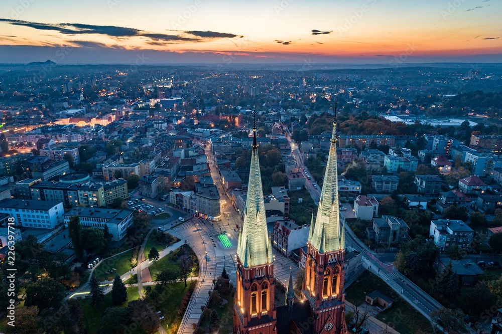 Obraz na płótnie Aerial drone view on Basilica and city center in Rybnik. w salonie