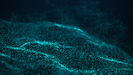 Poster - Wave Glow. Wave of particles. Wave 3d. 3d rendering. Futuristic blue dots background with a dynamic wave. Abstract Big Data Visualization.