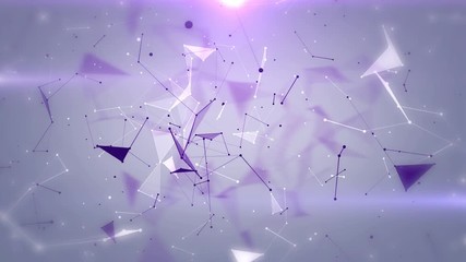 Wall Mural - Plexus of abstract violet geometrical lines with moving triangles and dots on a light background animations.