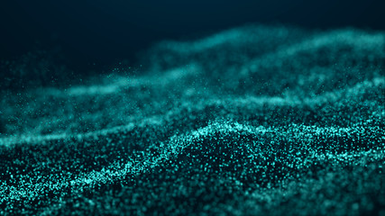 Poster - Wave Glow. Wave of particles. Wave 3d. 3d rendering. Futuristic blue dots background with a dynamic wave. Abstract Big Data Visualization.