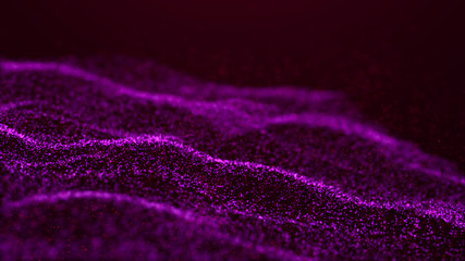 Poster - Wave Glow. Wave of particles. Wave 3d. 3d rendering. Futuristic purple dots background with a dynamic wave. Abstract Big Data Visualization.