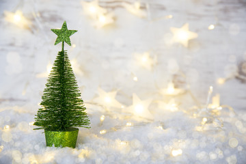 Wall Mural - Green Christmas Tree, Fairy Lights, Star, Snow