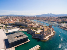 Aerial View Of Marseille Pier - Vieux Port, Saint Jean Castle, And Mucem In South Of France