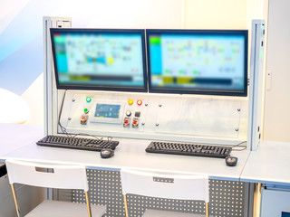 Poster - dispatch center on production. production management. workplace dispatcher. computer in the factory.