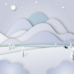 Aufkleber - Winter landscape scenery with house and mountains paper cut abstract background.Vector illustration.