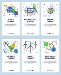 Poster - vector web site linear art onboarding screens template. renewable alternative energy sources and pow
