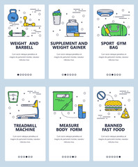 Poster - Vector web site linear art onboarding screens template. Sport and fitness icons. Menu banners for website and mobile app development. Modern design flat illustration.