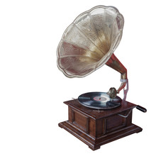 Side View Antique Brass And Wooden Gramaphone On White Background,copy Space