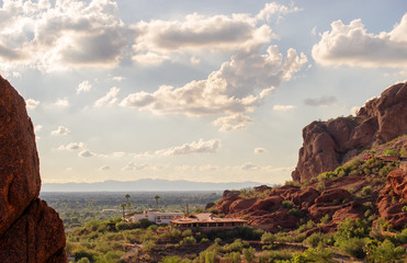 View of Phoenix and Tempe from Camelback Mountain in Arizona, USA