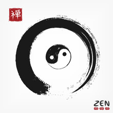 Enso Zen Circle With Yin And Yang Symbol And Kanji Calligraphic ( Chinese . Japanese ) Alphabet Translation Meaning Zen . Watercolor Painting Design . Buddhism Religion Concept . Vector Illustration