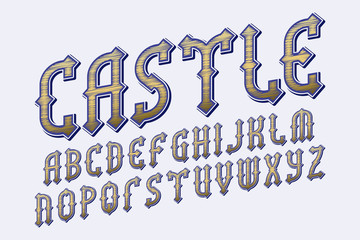 Wall Mural - Castle golden blue alphabet. Gaming medieval stylized font. Isolated english alphabet.