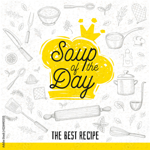 Soup Of The Day Sketch Style Cooking Lettering Icon Emblem