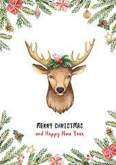 Wall Mural - Watercolor vector greeting card with Christmas deer, spruce branches and gifts.