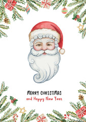 Wall Mural - Watercolor vector greeting card with Christmas Santa Claus, spruce branches and gifts.