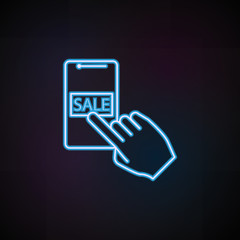 Poster - sale from a smart phone icon in neon style. One of Mobile banking collection icon can be used for UI, UX