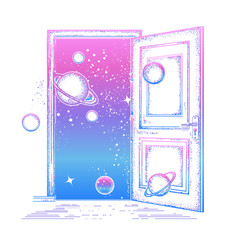 Wall Mural - Open door in universe tattoo. Symbol of imagination, creative idea, motivation, new life