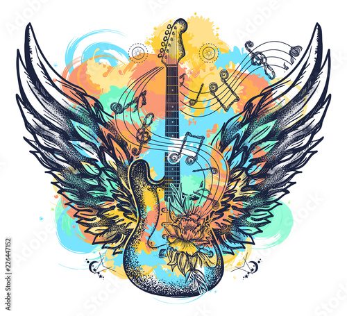 Obrazy Hard Rock  gitara-i-skrzydla-tatuaz-akwarela-styl-rozpryskow-projekt-koszulki-w-stylu-rock-and-rolla-symbol