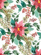 Seamless watercolor Christmas pattern background with poinsettia, spruce and red berries