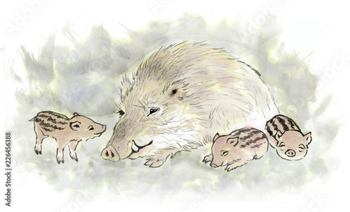 水墨画 いのしし 親子 Stock Illustration Adobe Stock