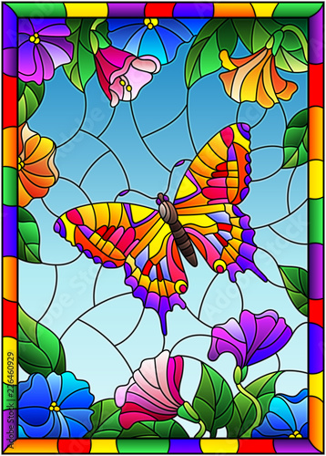 Dekoracja na wymiar  ilustracja-w-stylu-witrazu-z-jasnym-motylem-na-tle-kwiatow-i