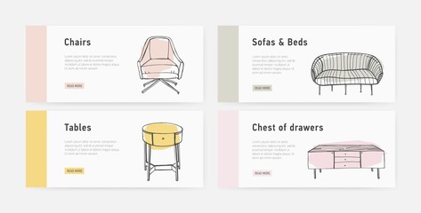 Aufkleber - Bundle of web banner templates with various types of cozy furnishings in trendy Scandic style and place for text. Colorful hand drawn vector illustration for furniture shop advertisement, promotion.