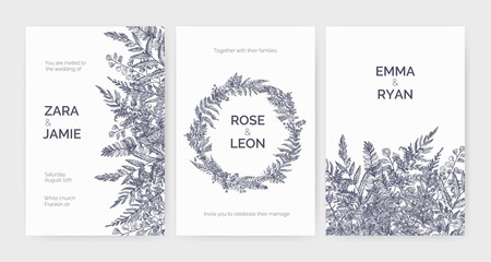 Poster - Set of trendy wedding invitation templates decorated with elegant ferns, wild herbs and herbaceous plants on white background. Monochrome hand drawn vector illustration in gorgeous retro style.