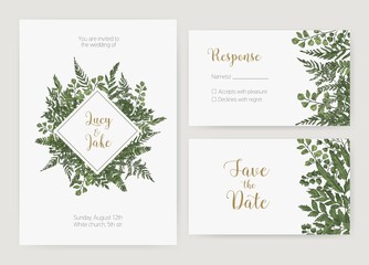 Poster - Collection of romantic wedding invitation, Save The Date and response card templates decorated with green forest ferns and wild herbaceous plants. Natural realistic hand drawn vector illustration.