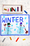 Fototapeta Młodzieżowe - Colorful hand drawing: Two smiling snowmans and word WINTER