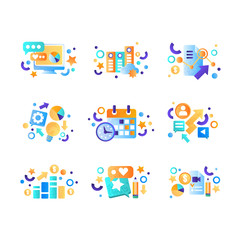 Sticker - Business elements set, office tools, management, finance, strategy, marketing symbols vector Illustration on a white background