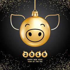 Wall Mural - Pig is a symbol of the 2019 Chinese New Year. Realistic golden glass balls with pigs muzzle, brighting sequins on a black background. Decorative Christmas design elements. Vector illustration