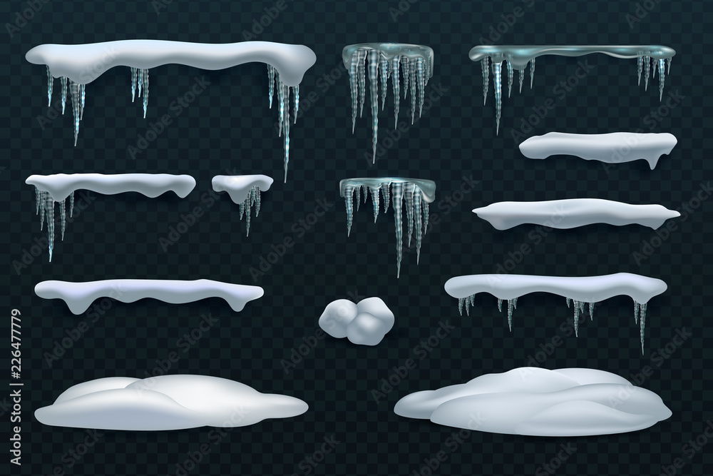 Snow elements. Snowball and snowdrift, icicles and snowcap borders. Isolated winter vector set. Illustration of snowball effect, frost snowcap - obrazy, fototapety, plakaty 