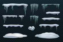 Snow Elements. Snowball And Snowdrift, Icicles And Snowcap Borders. Isolated Winter Vector Set. Illustration Of Snowball Effect, Frost Snowcap