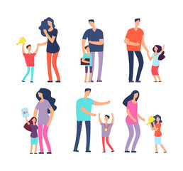 Sticker - Well studied kids. Excellent pupils, praising parents and teachers. Students, school children, adult people vector cartoon characters. Illustration of praise kids, mother parent praising children