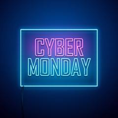 Wall Mural - Cyber Monday background. Neon sign. Vector illustration.