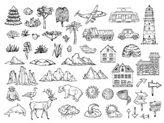 Wall Mural - Hand drawn map elements. Sketch hill mountain, tree and bush, buildings and clouds. Vintage engraving vector symbols for cartography. Animal and pointer, sun and moon sketch, monkey bear illustration