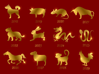 Wall Mural - gold chinese horoscope zodiac animals. vector symbols of year isolated on red backdrop. illustration