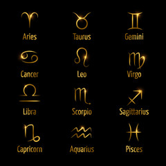 Hand drawn zodiac vector symbols shine gold effect. Astrology zodiac horoscope, virgo and aries, aquarius and gemini illustration