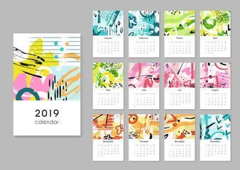 Canvas Print - Calendar 2019. Seasons collage, abstract painting modern creative printable planner. Vector organizer with calendar grid template. Illustration of calendar planner page collection