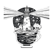 Lighghouse In Coffee Cup With Ocean Waves. Black Silhouette For T-shirt Print Or Tattoo. Hand Drawn Surreal Design For Apparel. Vintage Vector Illustration, Sketch Isolated On White Background