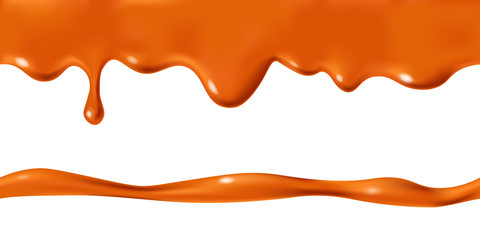 Seamless dripping caramel drops of sweet sauce isolated on white background. Orange or brown paint stains design. Vector illustration. Realistic horizontal border