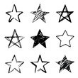 Stars set, hand drawn sketch, doodle vector illustration. Black symbols drawn by brush, pen, ink, Isolated on white background. Cool trendy handdrawn set for logo, textile print, fabric design, card