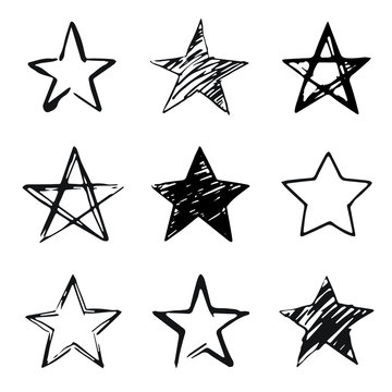stars set, hand drawn sketch, doodle vector illustration. black symbols drawn by brush, pen, ink, is