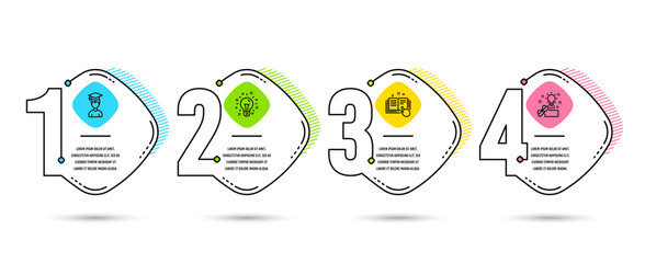 Infographic template 4 options or steps. Set of Technical documentation, Idea and Student icons. Creative idea sign. Manual, Creativity, Graduation cap. Timelibe process diagram. Vector