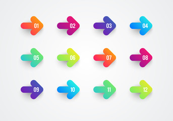 Poster - vector abstract flat colorful gradient arrow bullet point numbers 1 to 12