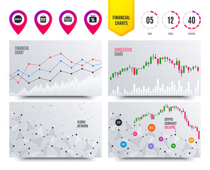 Financial planning charts. Sale speech bubble icon. Black friday gift box symbol. Big sale shopping bag. Discount percent sign. Cryptocurrency stock market graphs icons. Trendy design. Vector