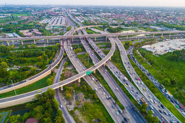 Aerial view of city transport junction road with vehicle