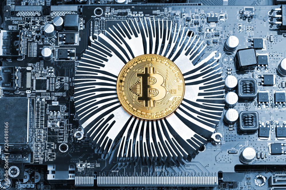 Gpu Coin golden bitcoin crypto currency coin on gpu graphic card chip platine ...