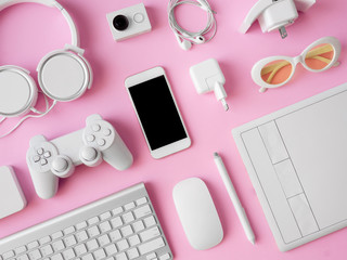 Poster - top view of office desk workspace with smartphone, notebook, graphic tablet, keyboard and mouse on pink color background, graphic designer, Creative Designer concept.