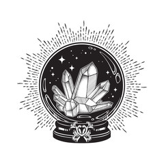 Wall Mural - Hand drawn magic crystal ball with gems line art and dot work. Boho chic tattoo, poster or altar veil print design vector illustration.
