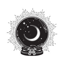 Hand Drawn Magic Crystal Ball With Crescent Moon And Stars Line Art And Dot Work. Boho Chic Tattoo, Poster Or Altar Veil Print Design Vector Illustration.
